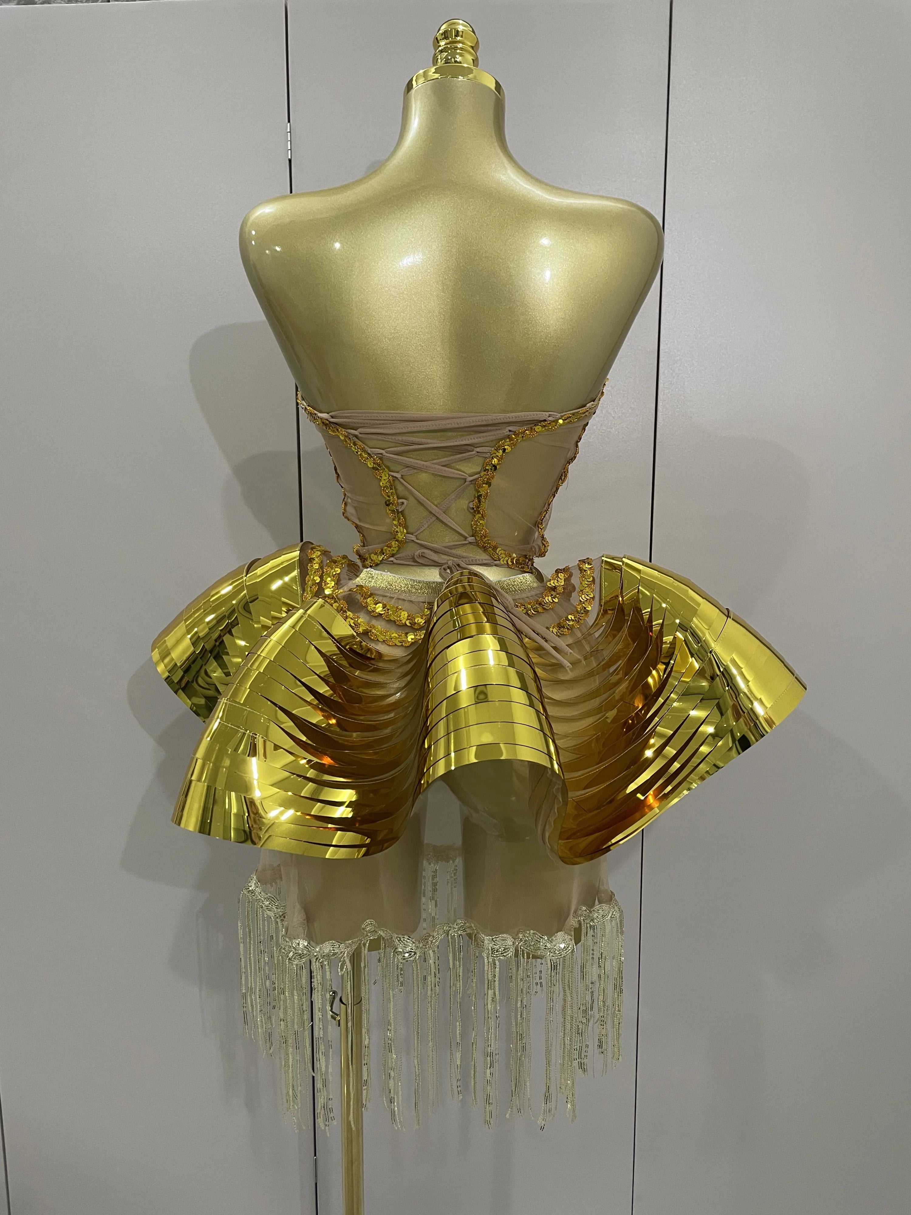 STOCK Shiny Gold Mirrors Sexy 2 Pieces Mini Dress 2025 Women Celebrate Birthday Party Performance Stage Costume Festival Wear