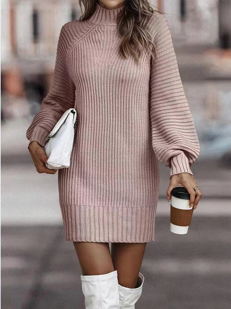 Vintage Winter Knitted Dress Ladies Chic Turtleneck Lantern Long Sleeve Sweater Dresses for Women Autumn Sexy Slim Pencil Dress