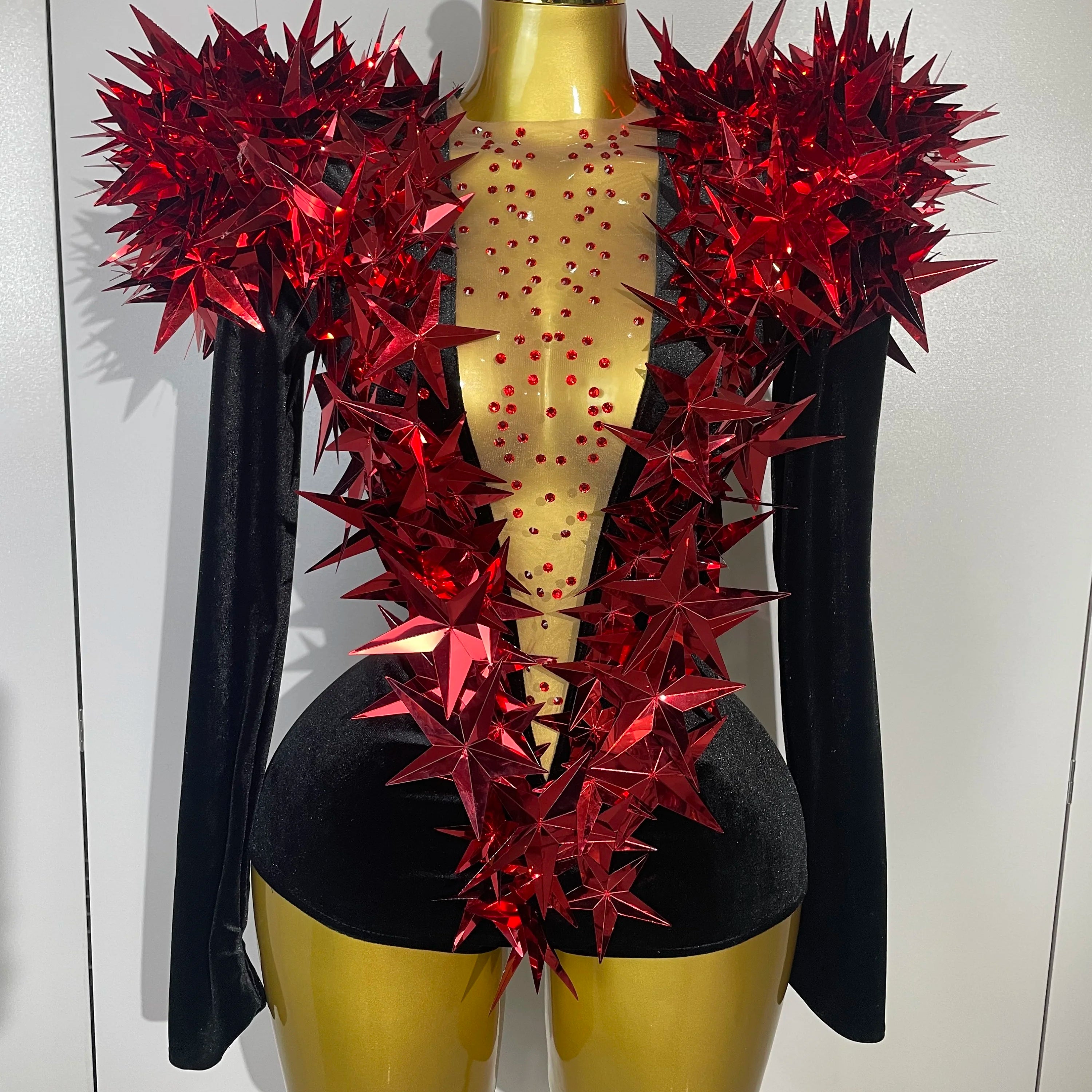 Shiny Gold Rhinestone Black Velvet Long Sleeve Bodysuit 2025 Women Evening Party Club Gala Hosts NightClub Bar Stage Costumes