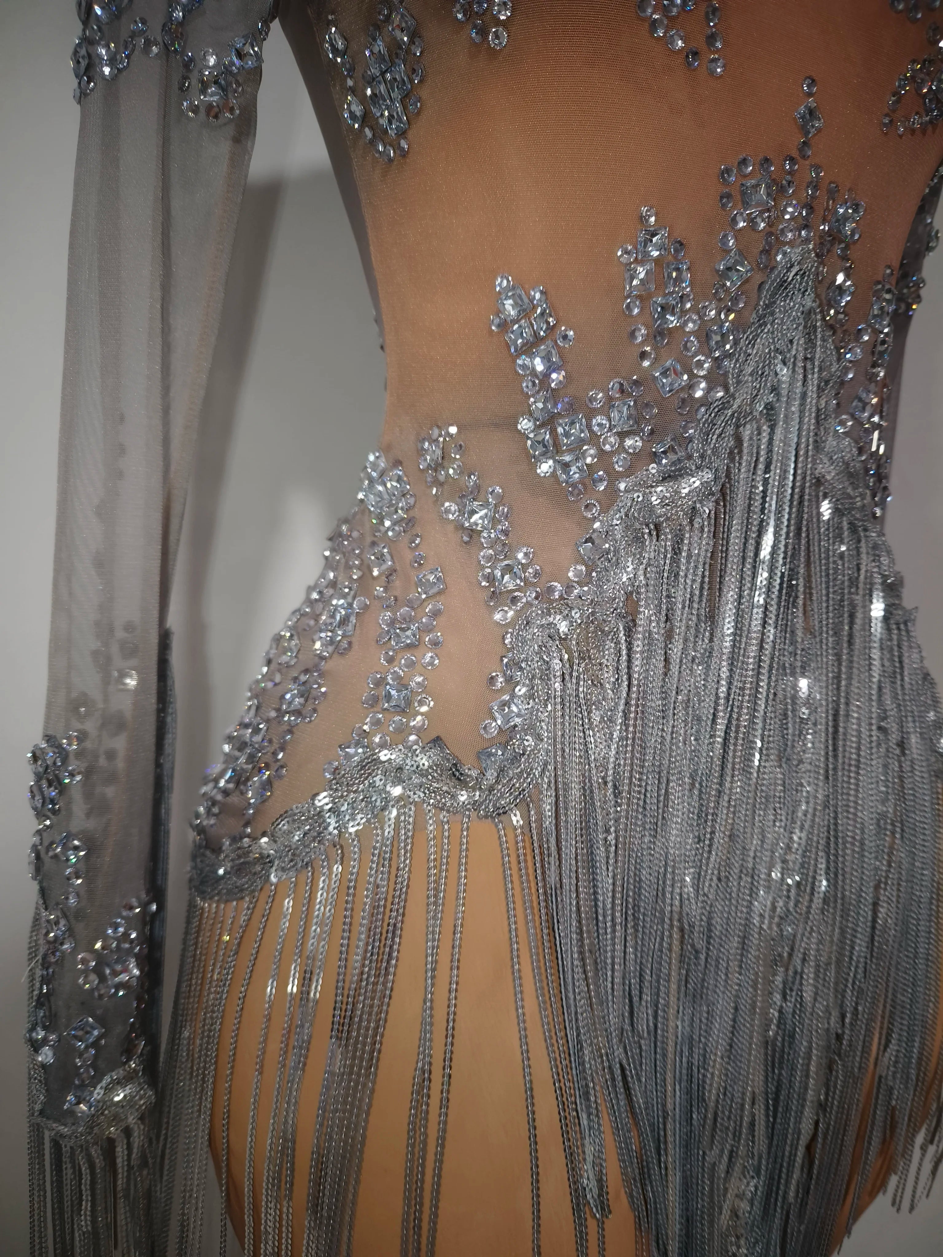 Women Sexy Mesh Silver Gray Crystal Stretchy Night Club Singer Dancer Tassel Dancer tage Costume Mini Party Dress