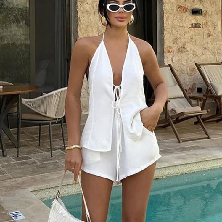 Ensemble deux pièces sexy à lacets pour femme, haut court et short blanc à dos nu, haut sans manches, short taille haute