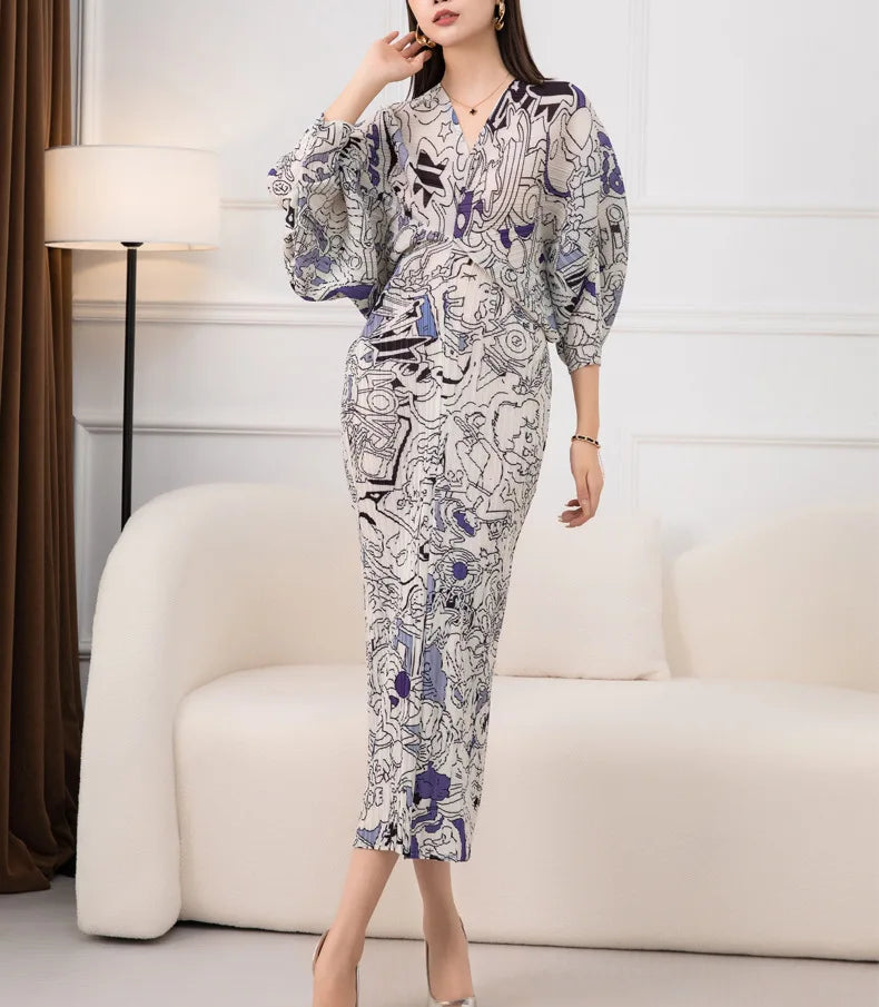 Spring Print Pleated Skirt/Holiday Party Temperament Loose Bat S Sleeve Dress Factory Spot 2 One Size