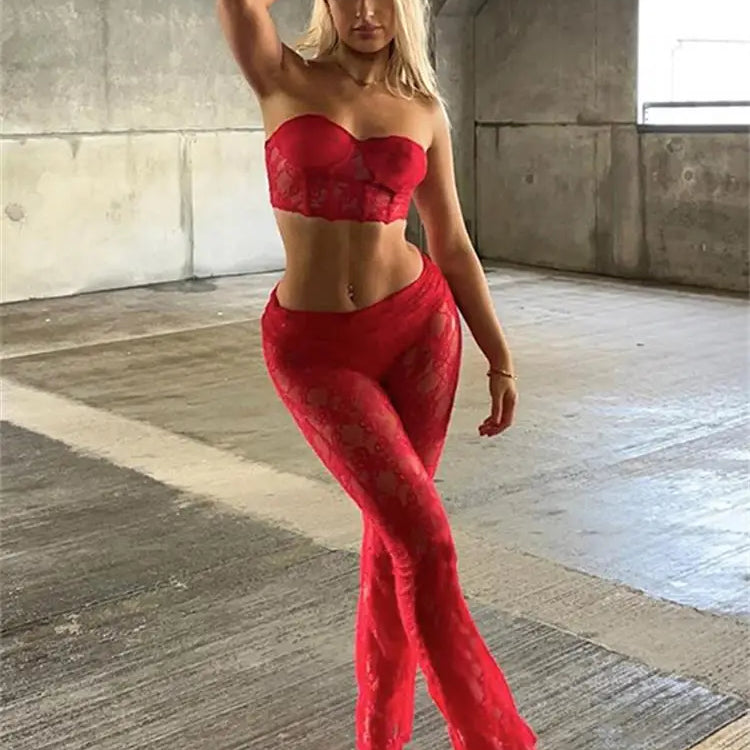 Habbris Spring Strapless Bodycon Crop Top Pants Sets Party Club Outfit For Women 2023 Sexy Red Lace Sheer 2 Two Piece Pants Sets