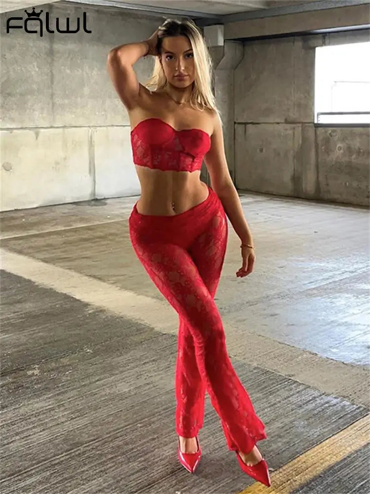 Habbris Spring Strapless Bodycon Crop Top Pants Sets Party Club Outfit For Women 2023 Sexy Red Lace Sheer 2 Two Piece Pants Sets