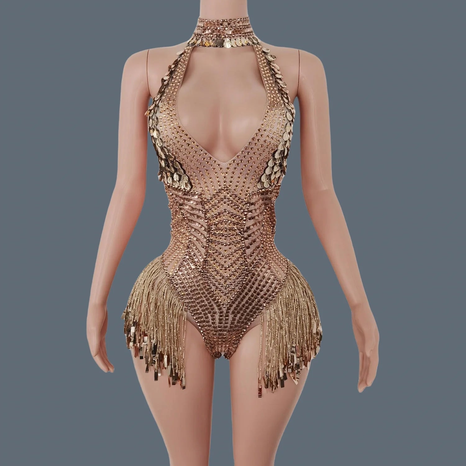 Sparkly Golden Shell Tassel Sexy Bodysuit for Women Bar Nightclub Stage Show Outfit Sexy girls Deep V Neck Bodysuit Jinbaobei