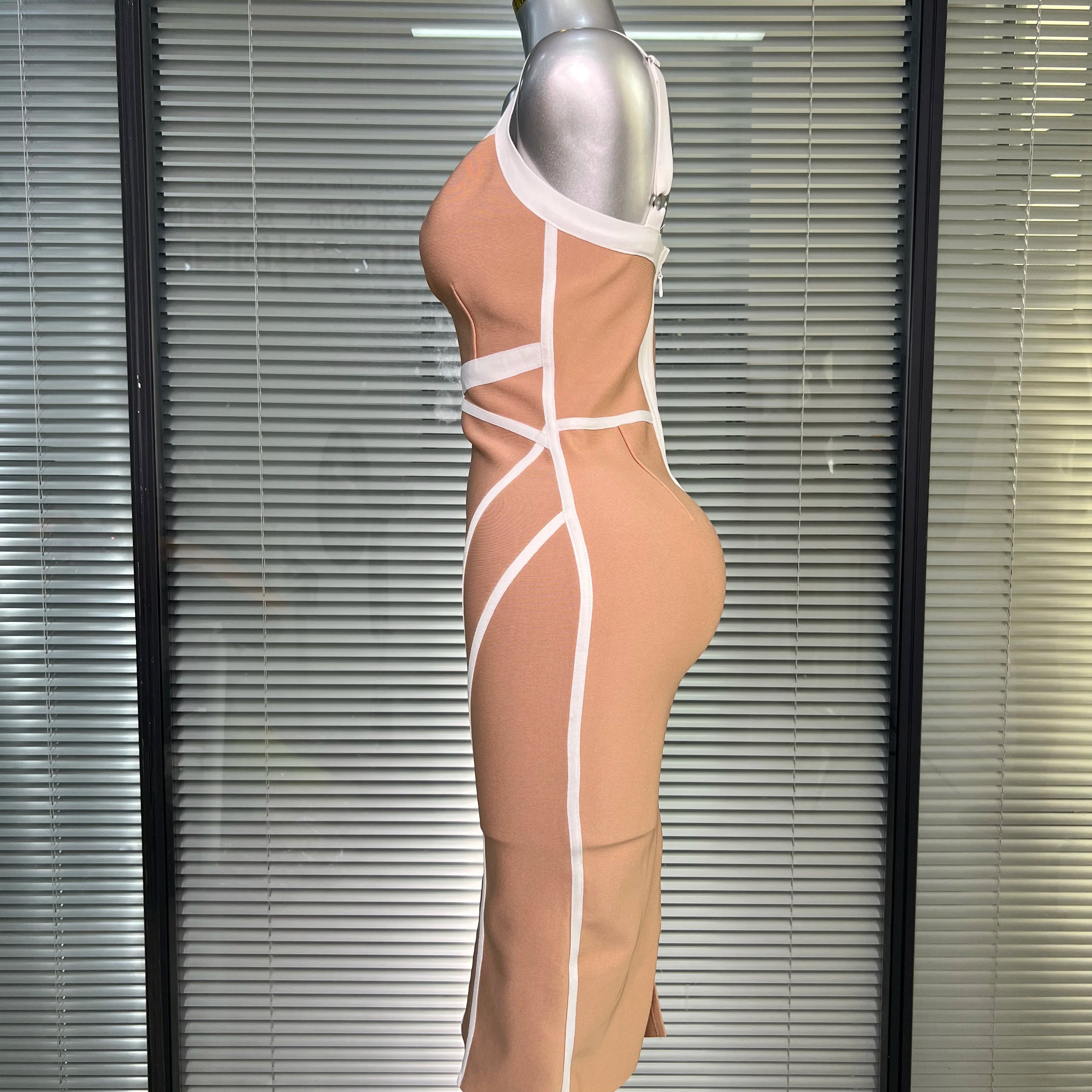 Summer New 2025 Women Sexy Beige Patchwork Midi Bodycon Bandage Dress Knitted Evening Party Dress Vestido