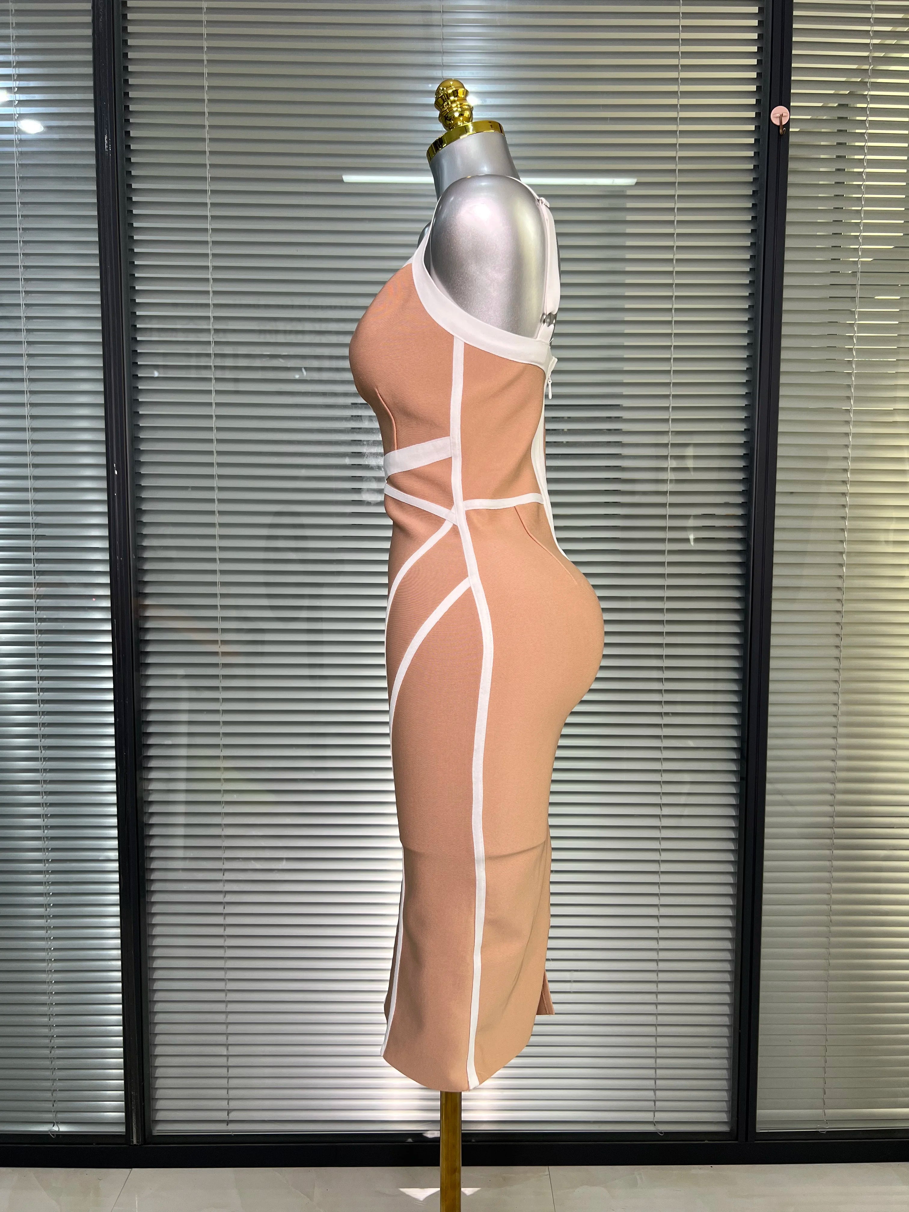 Summer New 2025 Women Sexy Beige Patchwork Midi Bodycon Bandage Dress Knitted Evening Party Dress Vestido