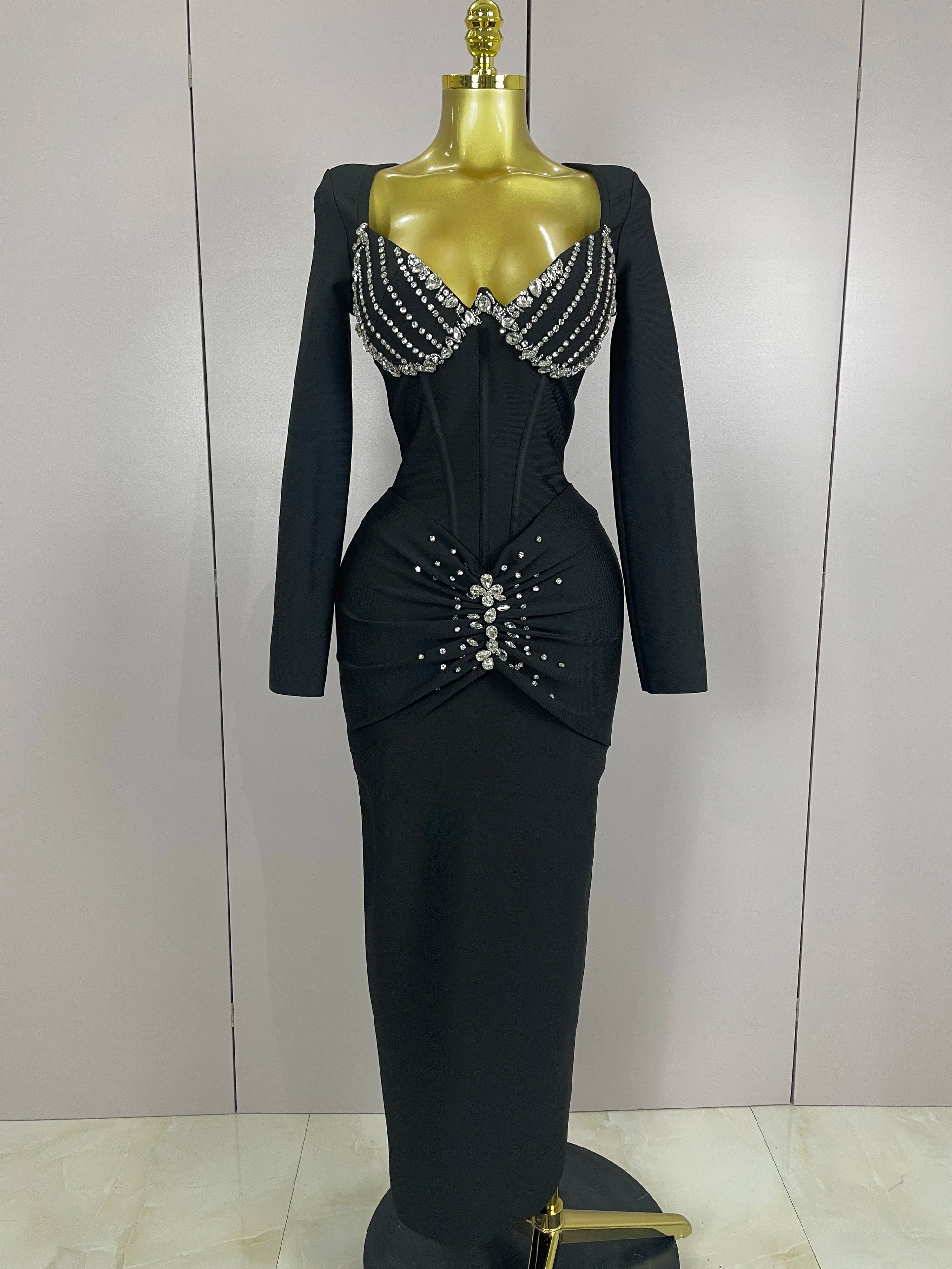 Sexy Luxury Sparkly Beading Bandage Long Sleeve Bodycon Dress 2025 New Women Celebrity Party Elegant Evening Club Pary Dresses