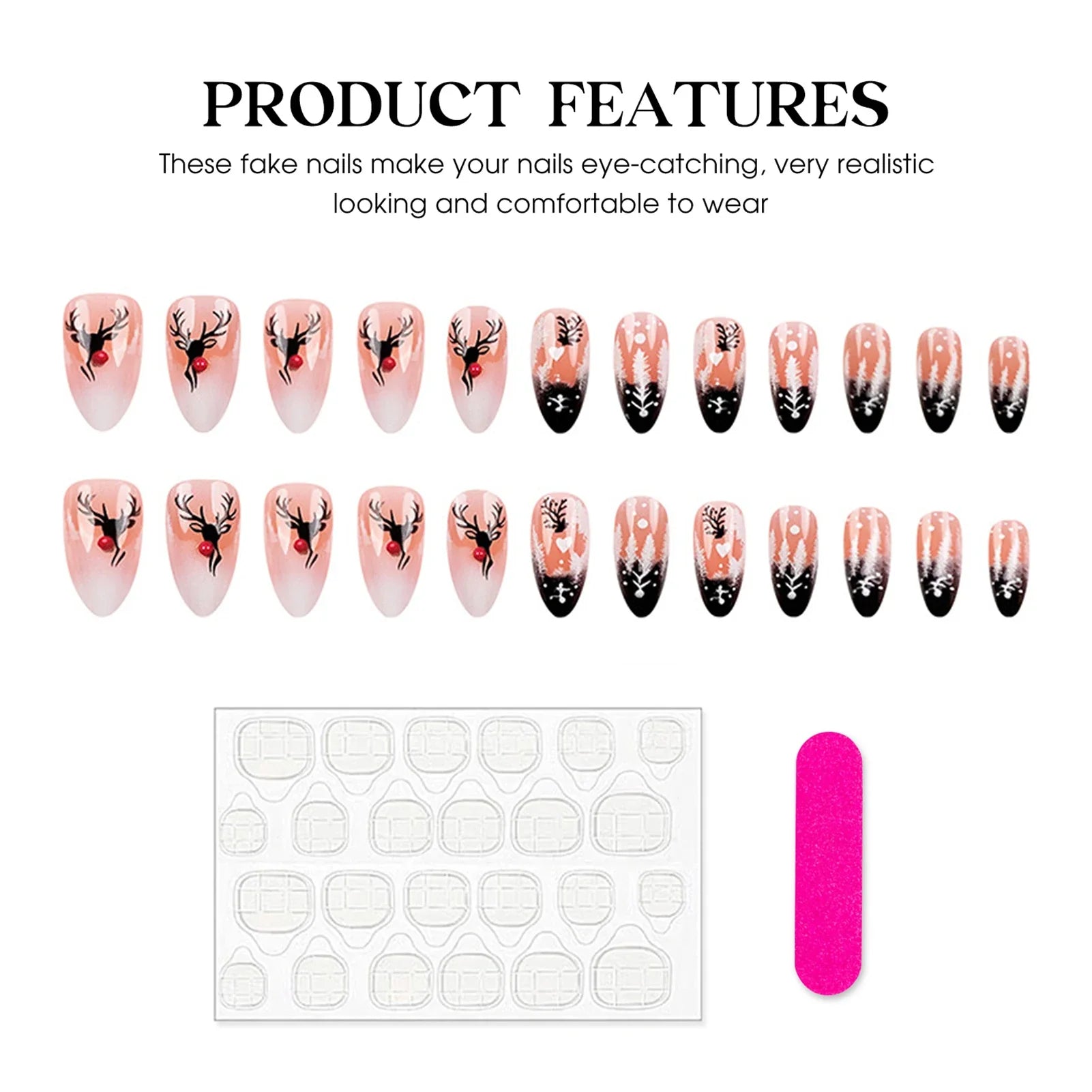 24Pcs Christmas Fake Nails Reindeer Printed Short Almond Press On Nails Black/White French Reusable False Nails DIY Manicure