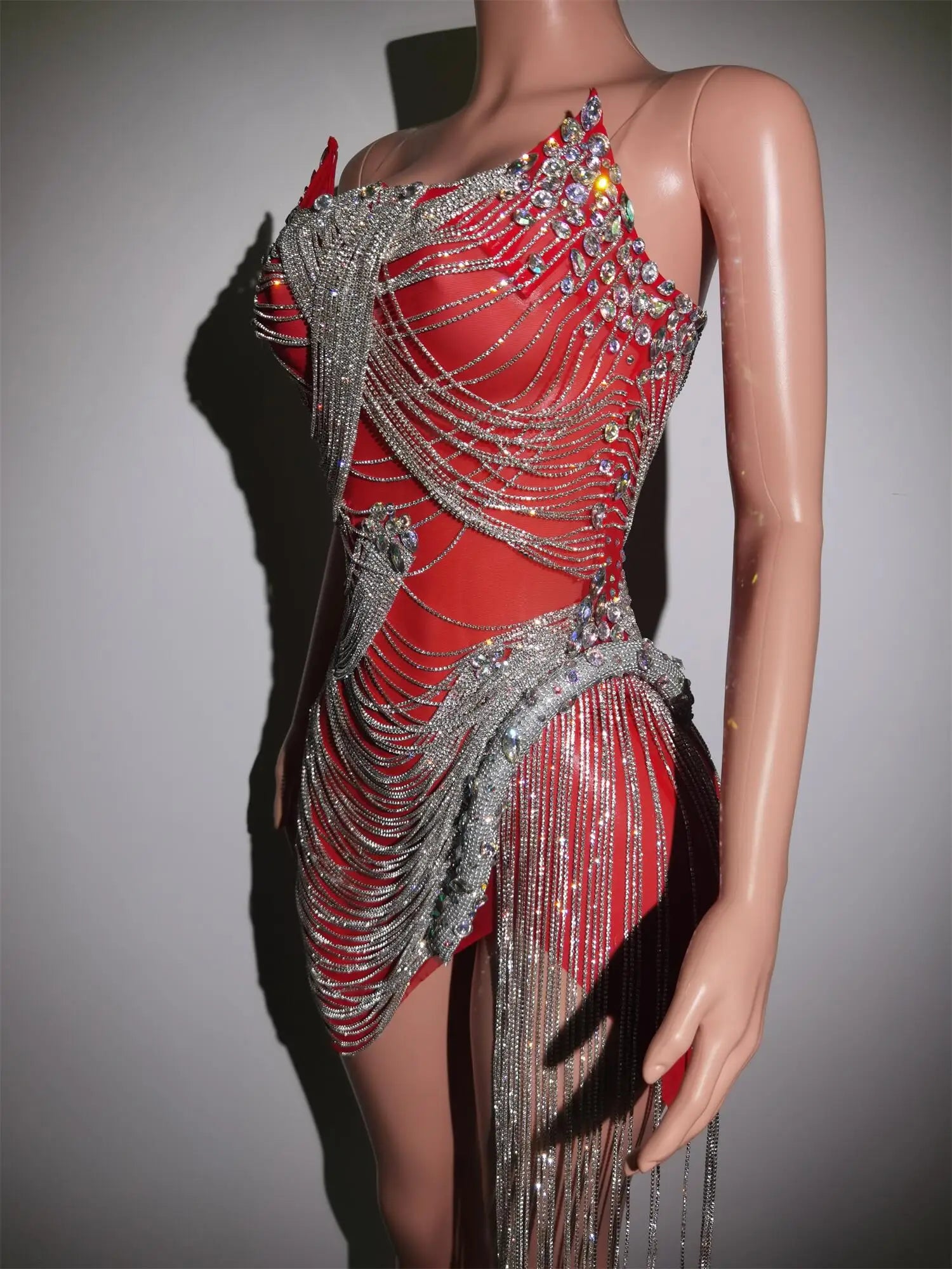 Luxurious Silver Crystals Chains Summer Dresses Women Fashion Rhinestones Fringes Performance See Through Outfit Costume Luoli