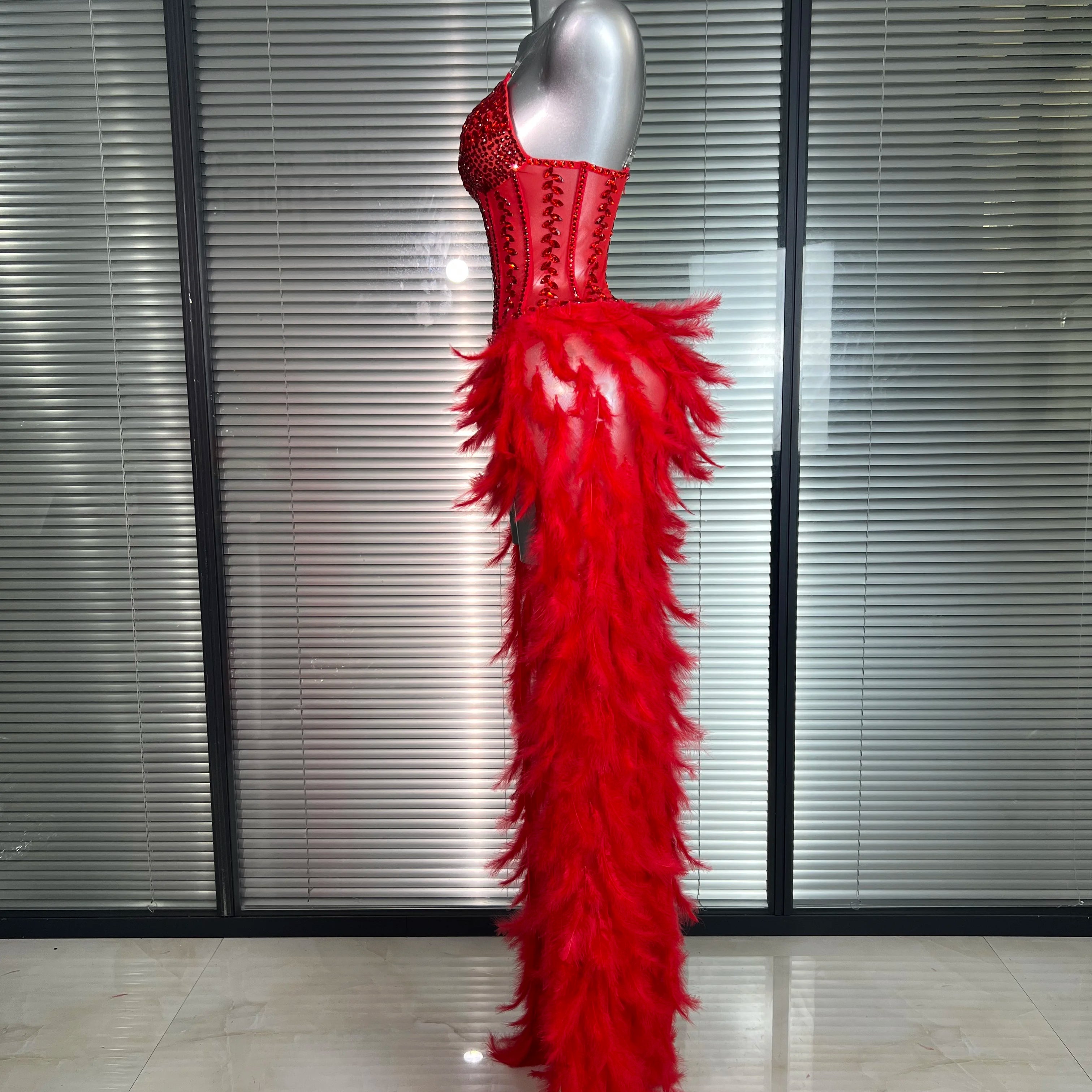 Women Sexy Mesh Feathers Stage Costume Stage Red Stretchy Night Club Bodysuit Party Maxi Dress