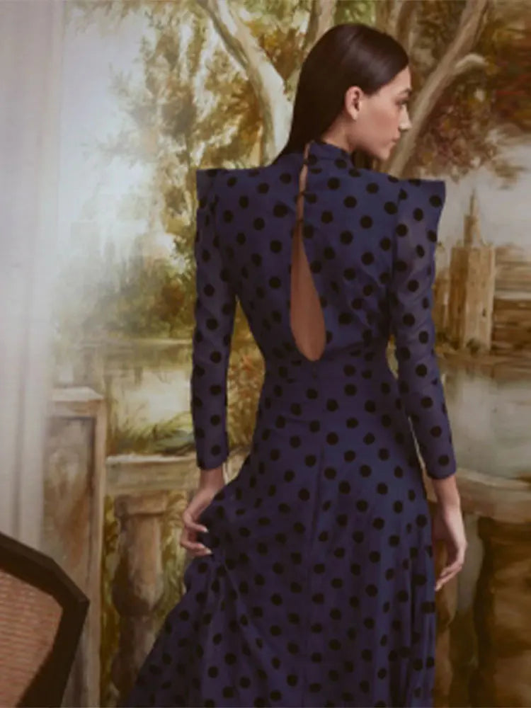 Elegant Polka Dot Printed Women's Slit Maxi Dress Chic Mock Neck Shoulder Pads Backless Robe Spring Female Fashion Vestidos