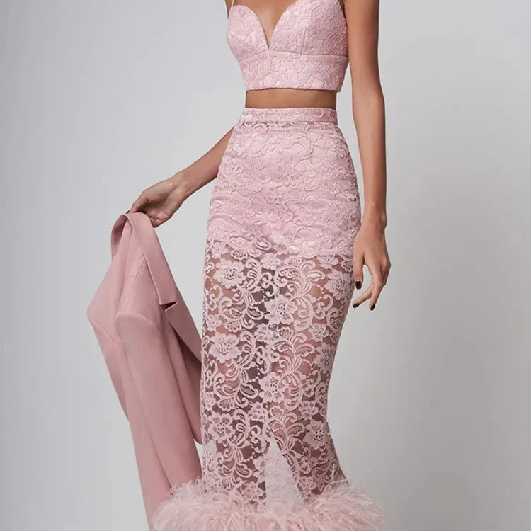New Women Sexy V Neck Lace Feather Midi Skirt Bandage Set Celebrity Elegant Evening Club Cocktail Party Outfits