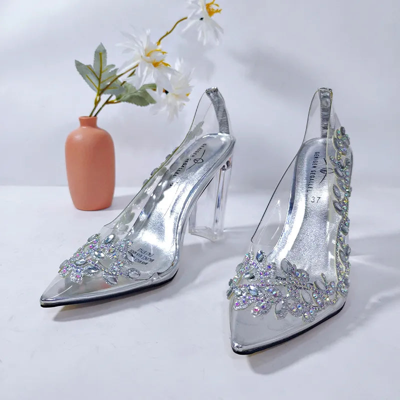 Rhinestone Silver Pointed Toe Clear Shoes Elegant Party Wedding Bridal Ladies High Heels Sandals