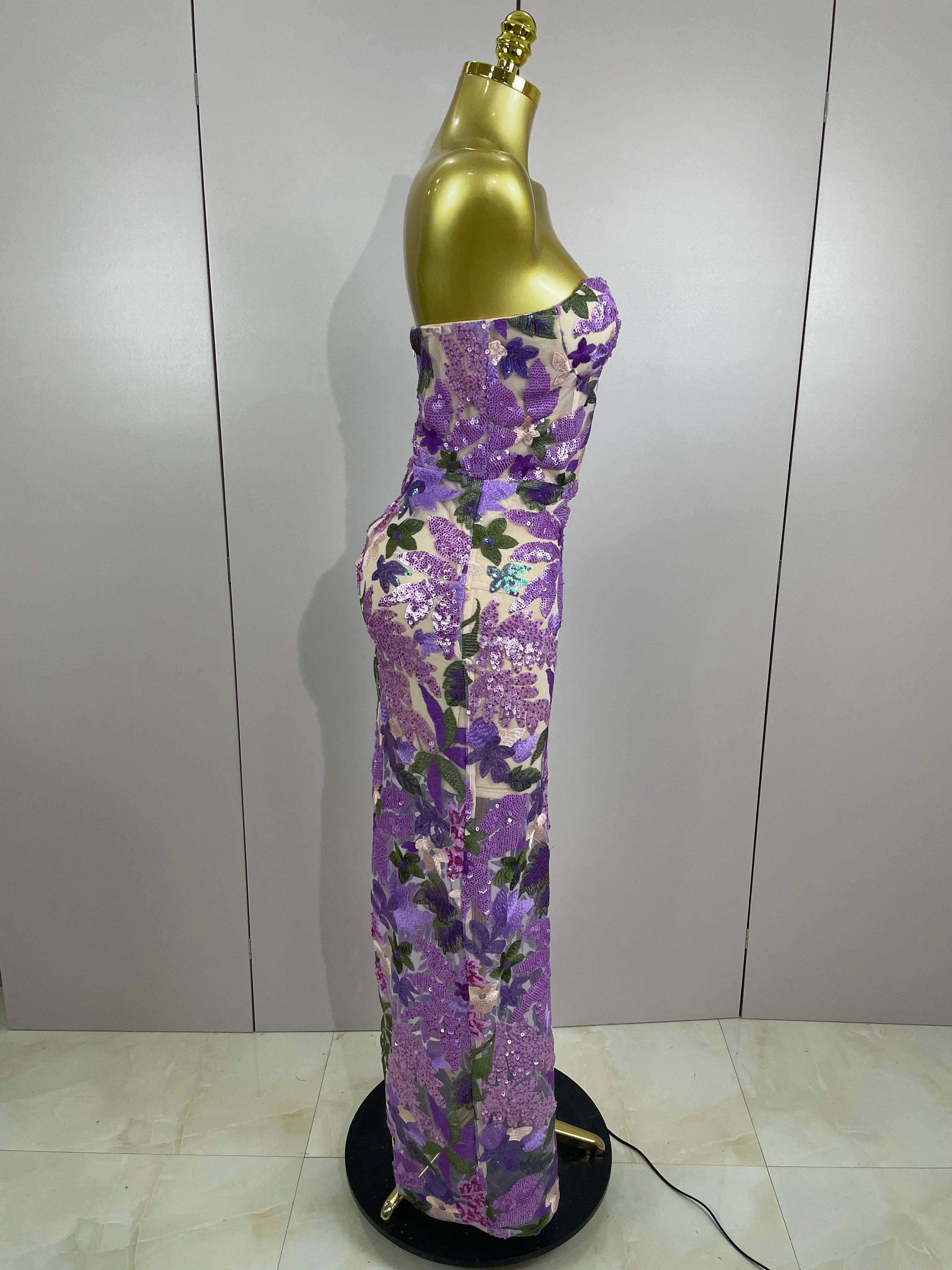 Vestido longo sensual sem alças com lantejoulas florais e costas nuas, vestido longo e fino para festa à noite, vestido de passarela, 2025