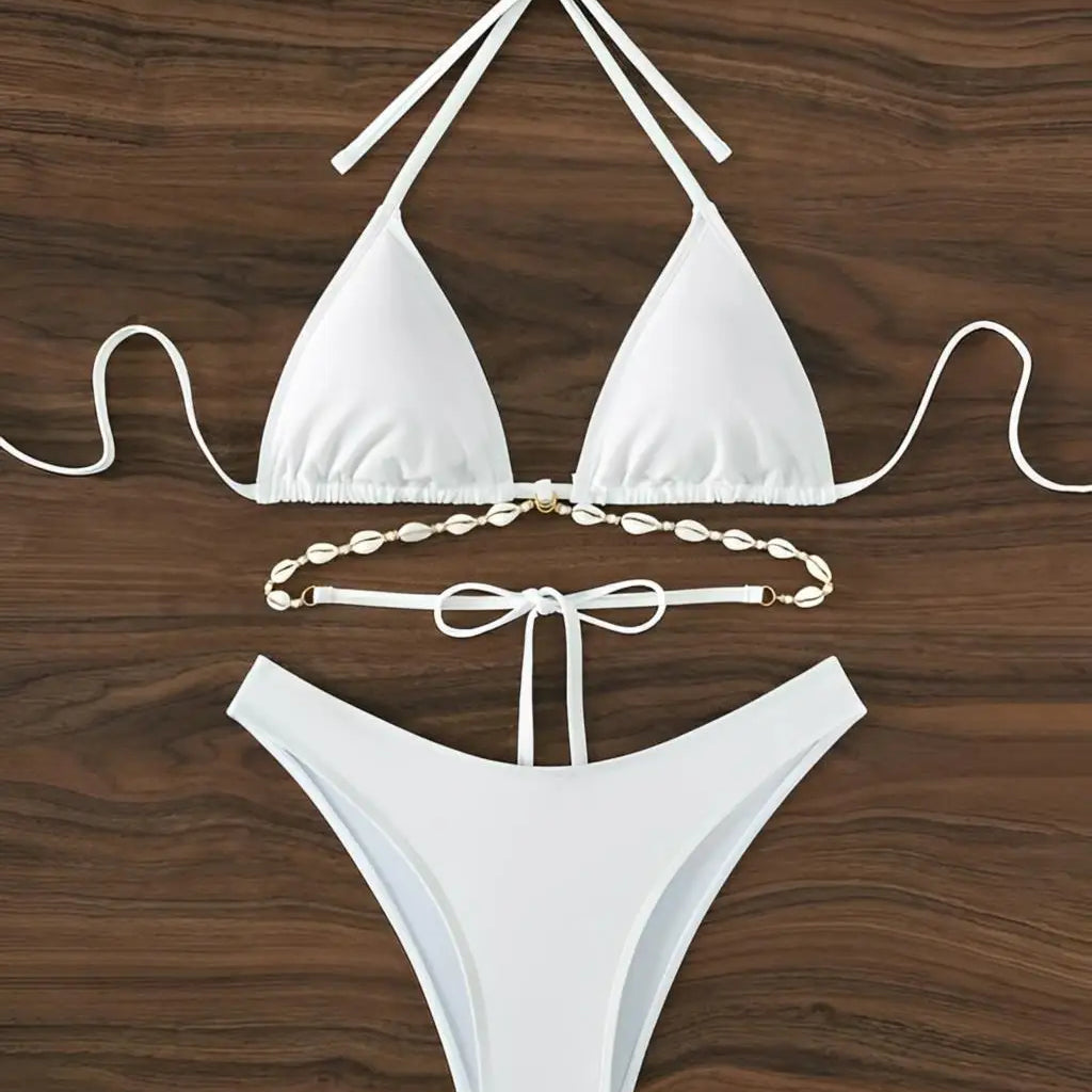 Triangle Bikini Set Decorated With Seashell Swimsuit Women Swimwear Female Sexy Bathers Bathing Swimming Swim Suit Beachwear