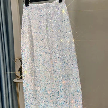 French High-waisted Slim Skirt High-quality Shiny All-match Mid-length Thickened Hip Skirt Split Black Sequin Skirt Women phantom white