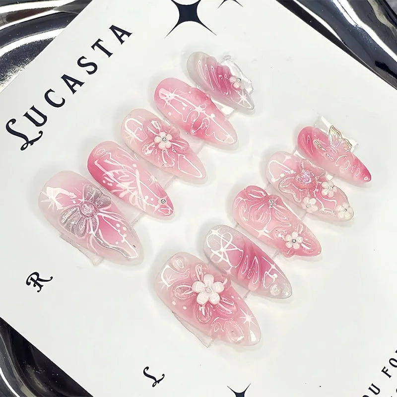 24Pcs Mid-length Almond Nails Set Press on Strawberry Pearl Love Check Design Fake Nails 3D Bow Flower Reusable False Nails Tips