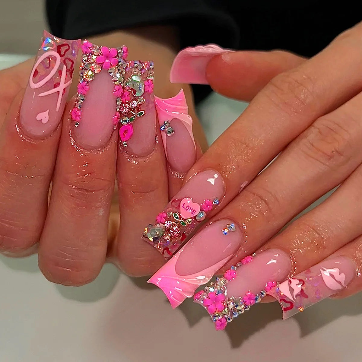 24Pcs Wearable Colorful Butterfly Designs French Press on Nails Long Ballet False Nails with Rhinestone Acrylic Fake Nails Tips