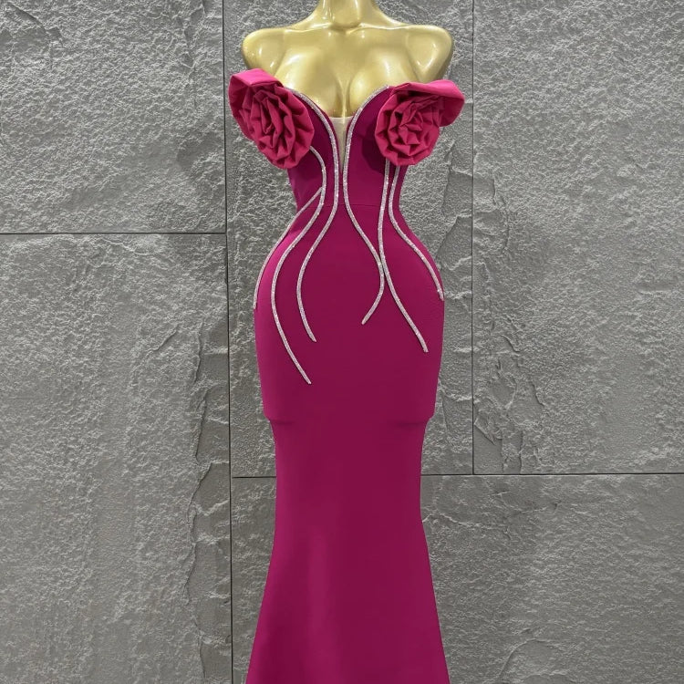 Rosered Color Women Sexy Florals Strapless Diamond Line Bodycon Long Bandage Dress Birthday Party Photo Shoot Wear