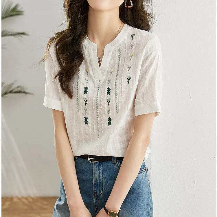 Cotton Short Sleeve Shirt Women Female Summer Tops Straight Floral Embroidery Ladies French Shirts & Blouses White