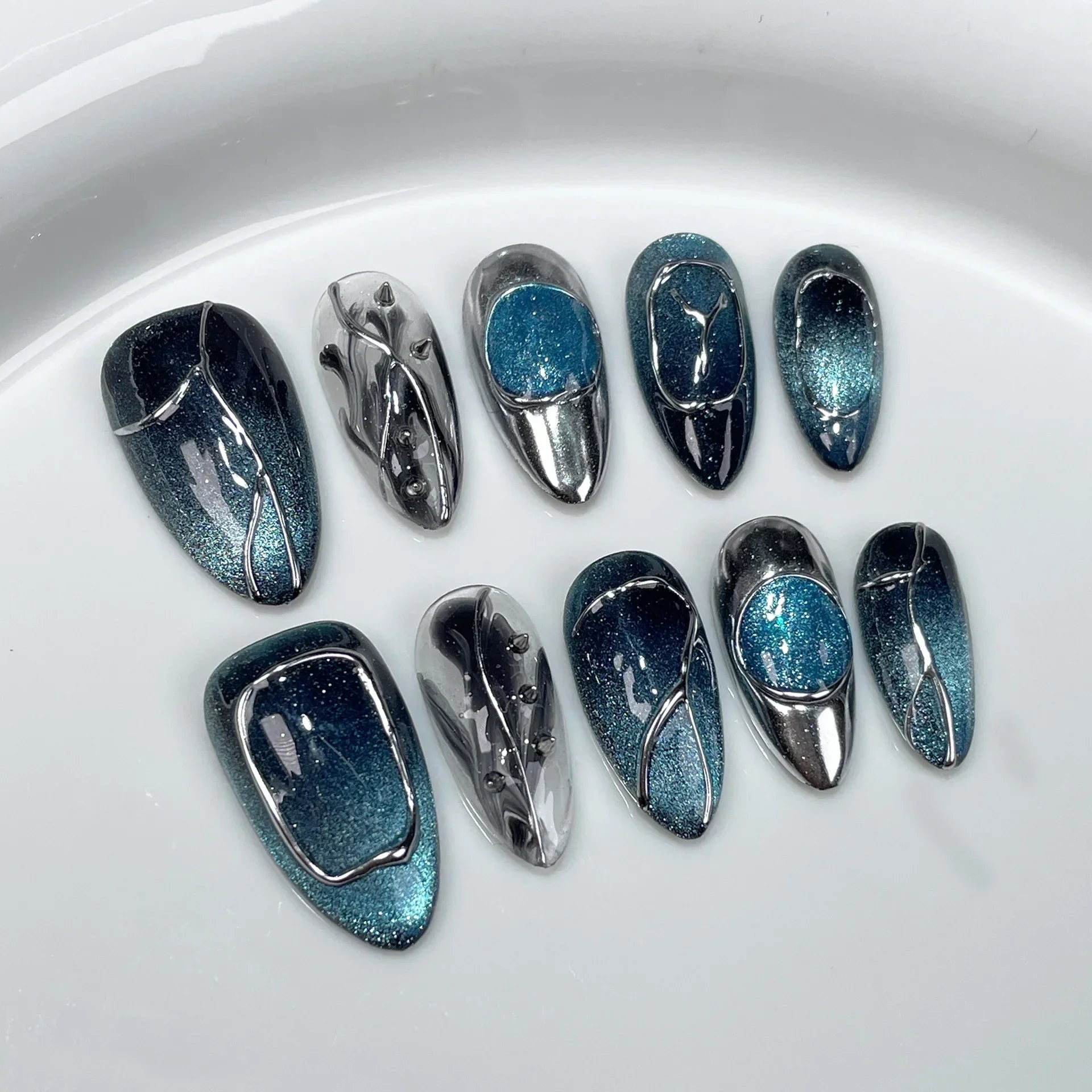 10Pcs Blue Handmade Almond Press on Nails French Design Rhinestone Full Cover Fake Nail Glitter Manicure Wearable Nail Tips Art