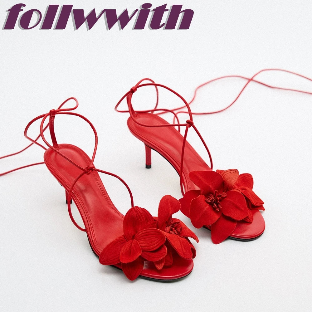 Ladies Solid Red Flowers Lace Up Unique Sexy Sandals Cross Tied Stiletto Heel Party 2024 New Arrival Summer Woman Shoes Red