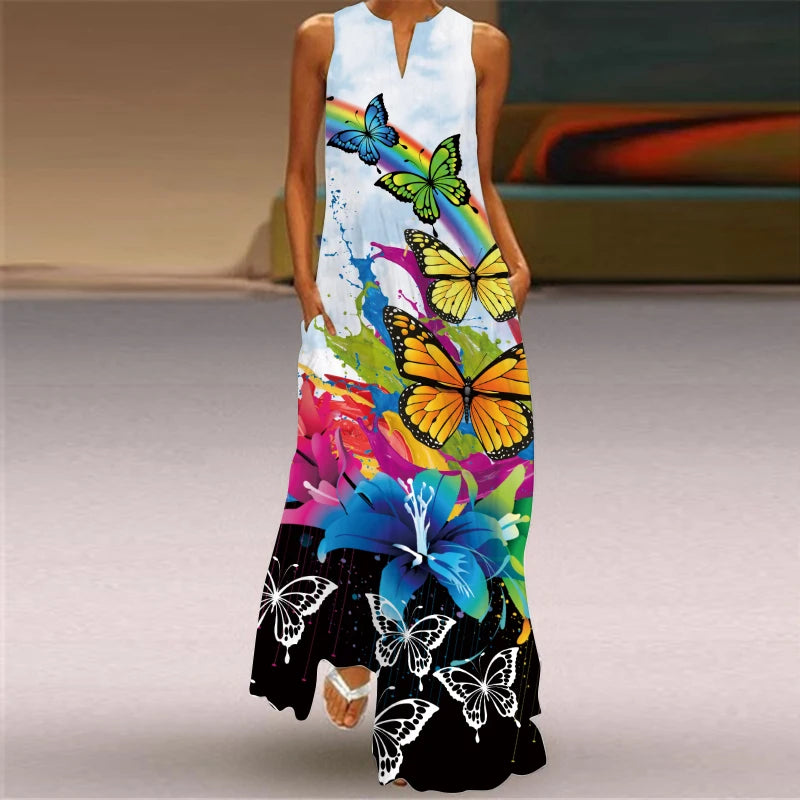 Vestido longo feminino elegante com decote em V, estampa floral fresca, sem mangas, solto, reto, praia, férias, vestido longo