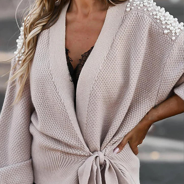 Women Pearls Sweater Cardigans Bowknot Knit Cardiagn Tops Plus Size Sweater Coat Short Outwear
