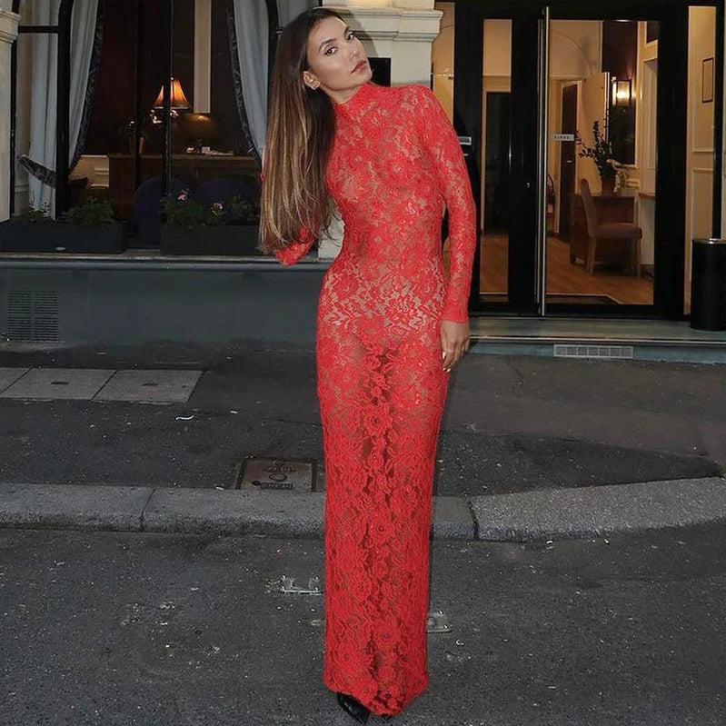 Women Sexy Lace See Through Bodycon Red Long Dress Summer Spring Party Nightclub Lady  Maxi Dresses Fashion Clothes 2024 New