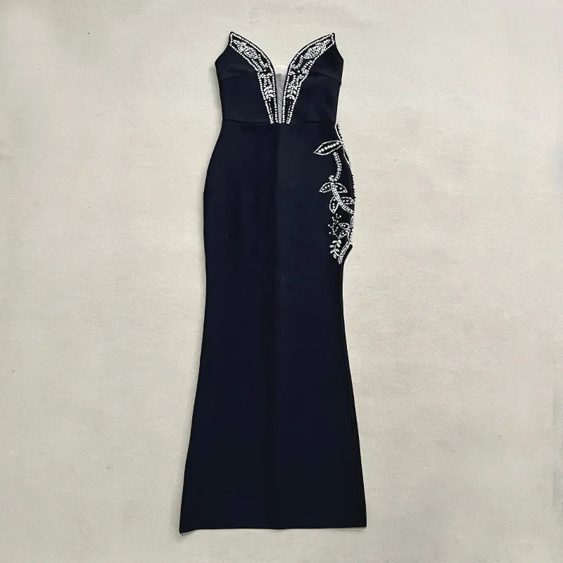 Women Shinning Crystal Strapless Off the Shoulder Bodycon Long Bandage Dress Elegant Evening Party Birthday Outfit