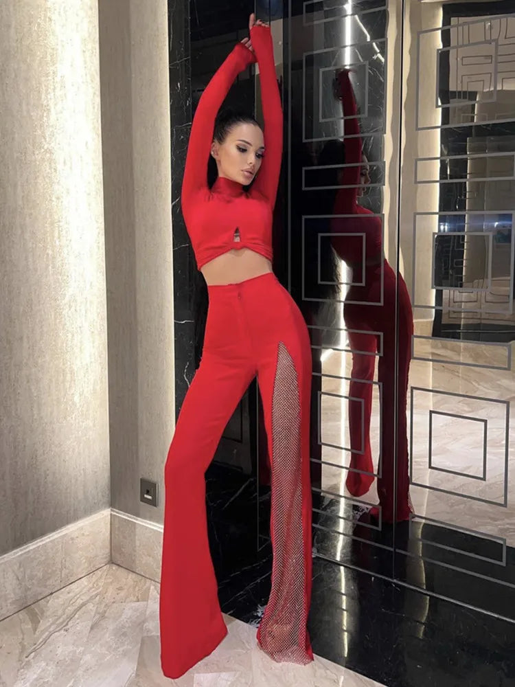 Calça feminina de verão, preta, vermelha e branca, com faixa de rayon, sexy, perna larga, fashion, com buracos de diamante, para celebridades, calça comprida