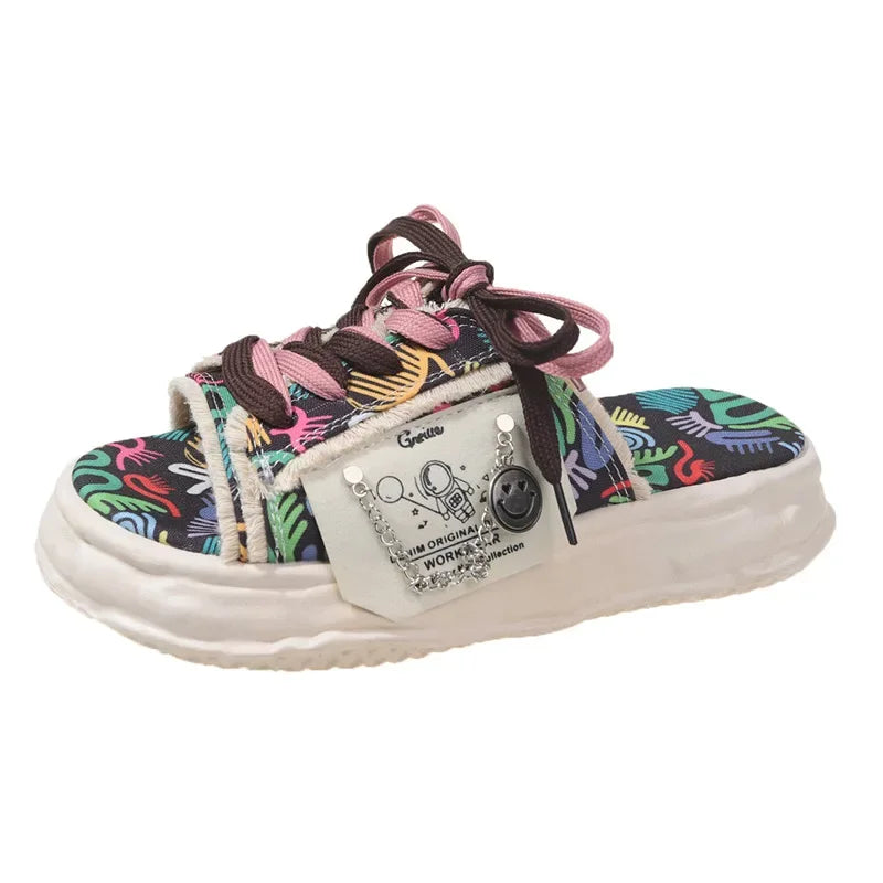 Women Graffiti Slippers Fashion Design Summer Platform Shoes Mules Flip Flops Street Sandals Clogs Flat Casual Shoe For Female black