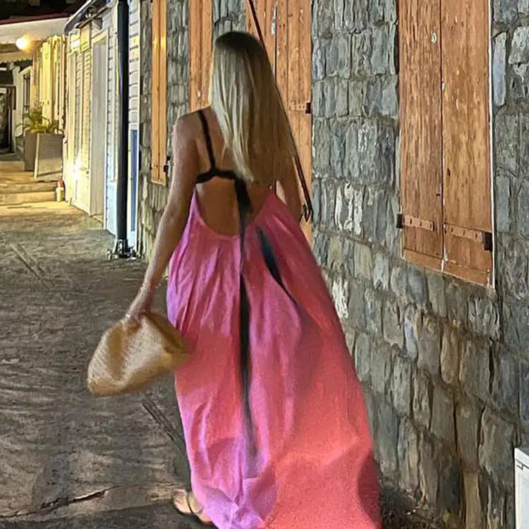 Women Fashion Color Matching Halter Maxi Dress Ladies Sexy Backless Off Shoulder Sleeveless Dresses Female party Holiday Robes