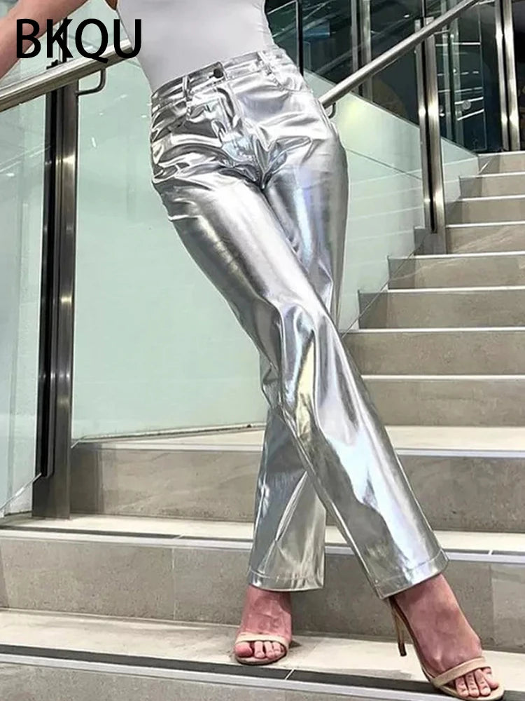 Metallic High Waist Straight Jeans Women Autumn New Printing Loose Wide Leg Denim Pants Streetwear Harajuku Vintage Silver Leather Pant