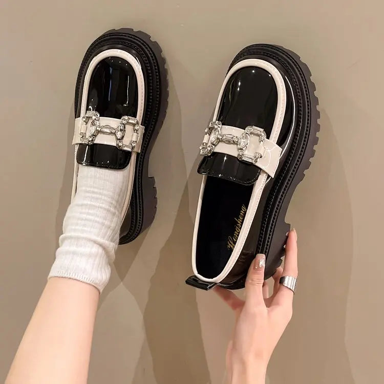 Women‘s Lolita Mary Jane Shoes for Woman Autumn Platform Ladies Vintage Soft Slip on Rhinestones Oxford Shoes Round Toe black