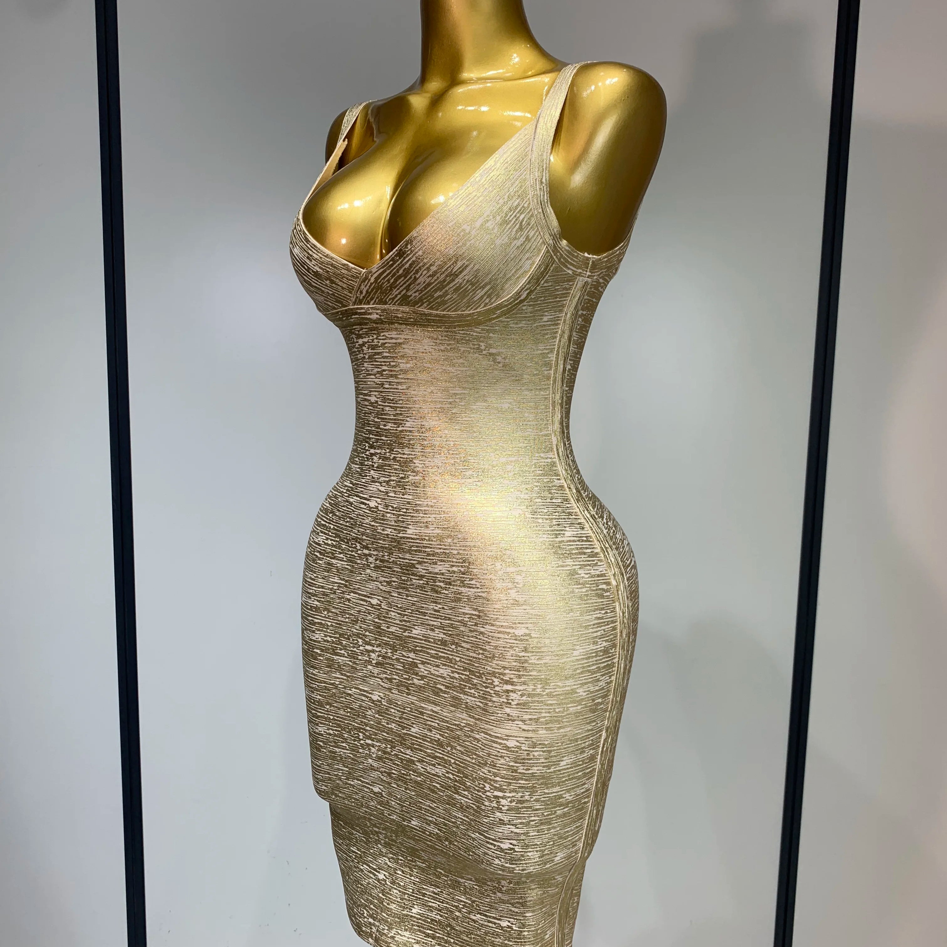 High Quality Celebrity Elegant Gold Bodycon Bandage Dress Women Sexy Nightclub Evening Party Luxury Birthday Dress Vestidos