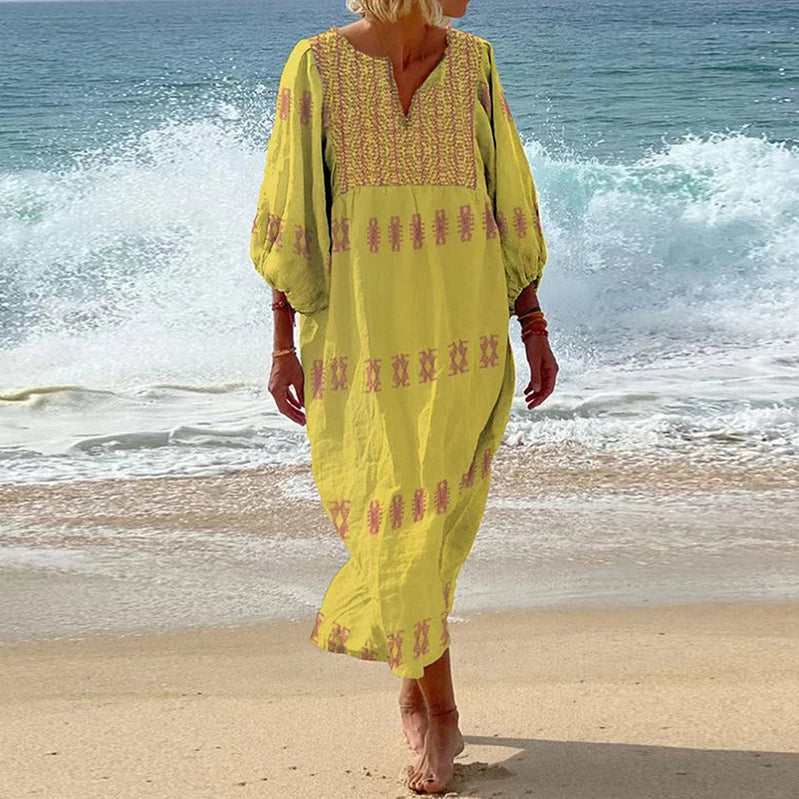Womens Ethnic Retro Geometric Print Long Dress Spring 3/4 Lantern Sleeve A-Line Party Dress Summer V Neck Loose Beach Boho Dress Yellow