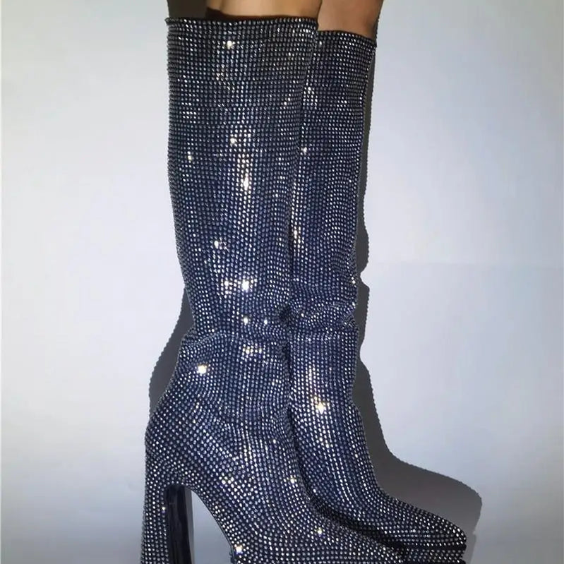 Street Style Women Knee High Boots Crystal Platform High Heel Fashion Rhinestone Boots Ladies Wedding Strass Shoes High Heels