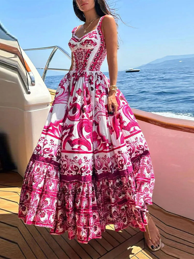 Women Sexy Printed Suspender Dress Fashion V-neck Backless High Waist Large Swing Midi Vestido Summer Female Chic Vacation Robes Red