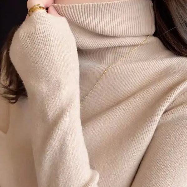Women Turtleneck Sweaters Casual Soft Long Sleeve Pullovers Elastic Jumpers Knitwear Slim Basic Sweater For Women Autumn Winter Beige One Size