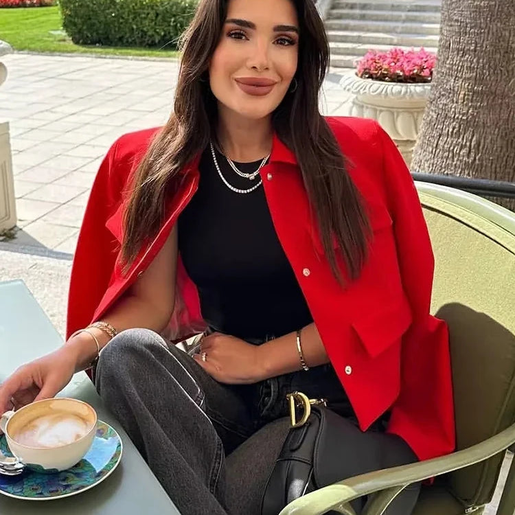 Women Fashion With Flaps Cropped Blazer Coat Vintage Long Sleeve Snap-button Female Outerwear Chic Tops