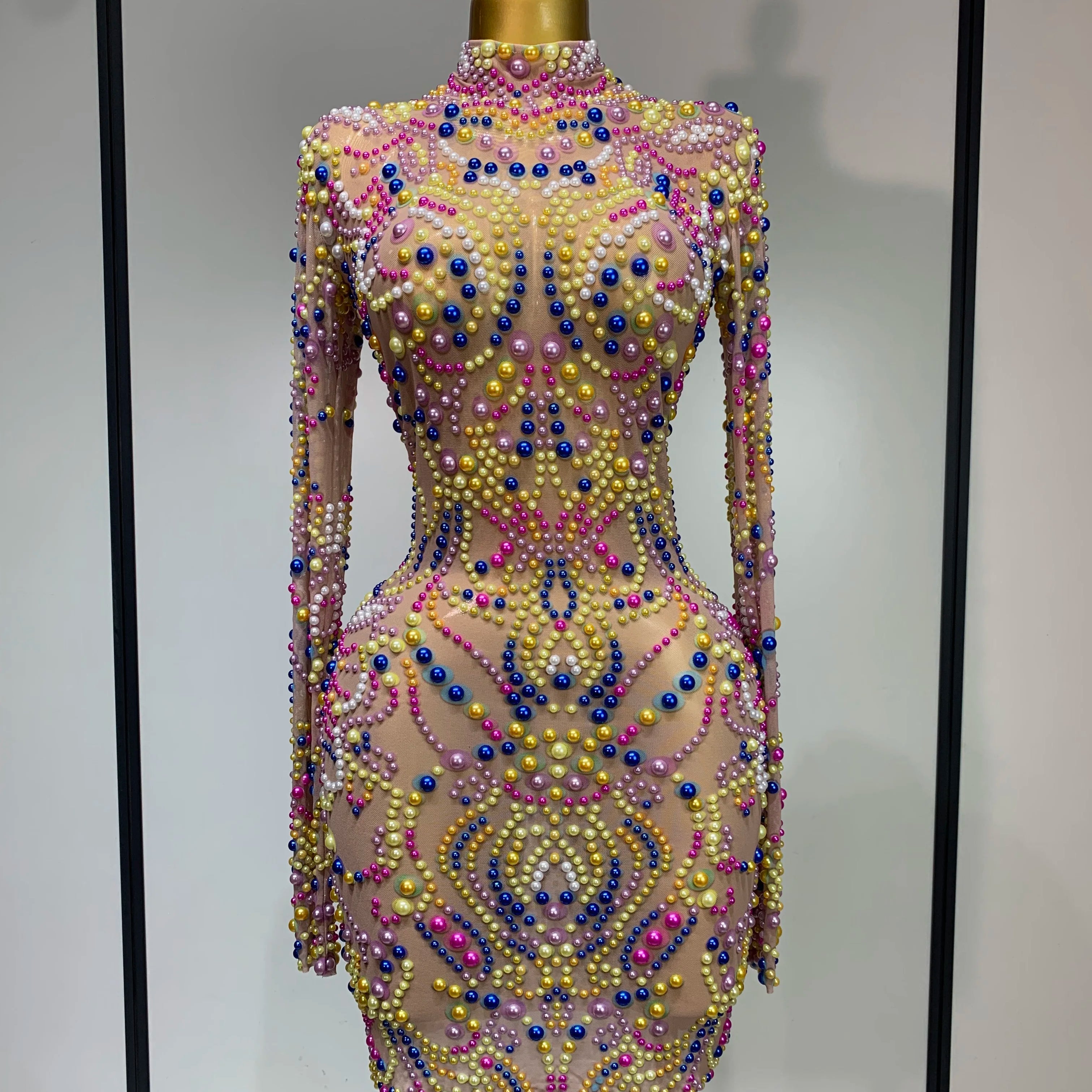 Women Sexy Transparent Mesh Stage Performance Costume Dancer Singer Nightclub Elagant Evening Party Luxury Birthday Dress