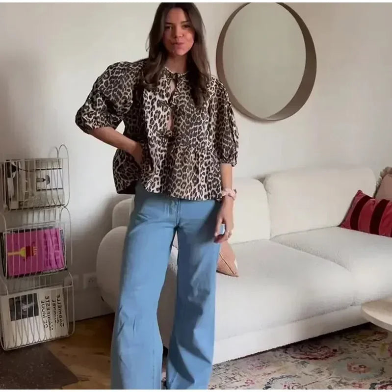 Duomofu Leopard Bow Lace Up Women Shirts Blouses Loose Y2K Puff Sleeve Pleat Shirt Top Summer New Cropped Lady Streetwear Leopard