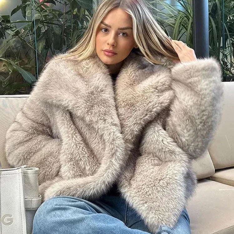 Winter New Fashion Female Vintage Long Sleeve Outerwear Woman Warm Plush Coat Ladies Casual Lapel Collar Thick Coat