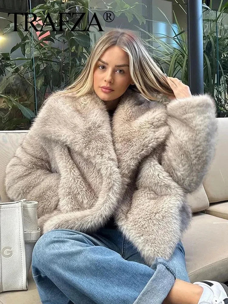 Winter New Fashion Female Vintage Long Sleeve Outerwear Woman Warm Plush Coat Ladies Casual Lapel Collar Thick Coat