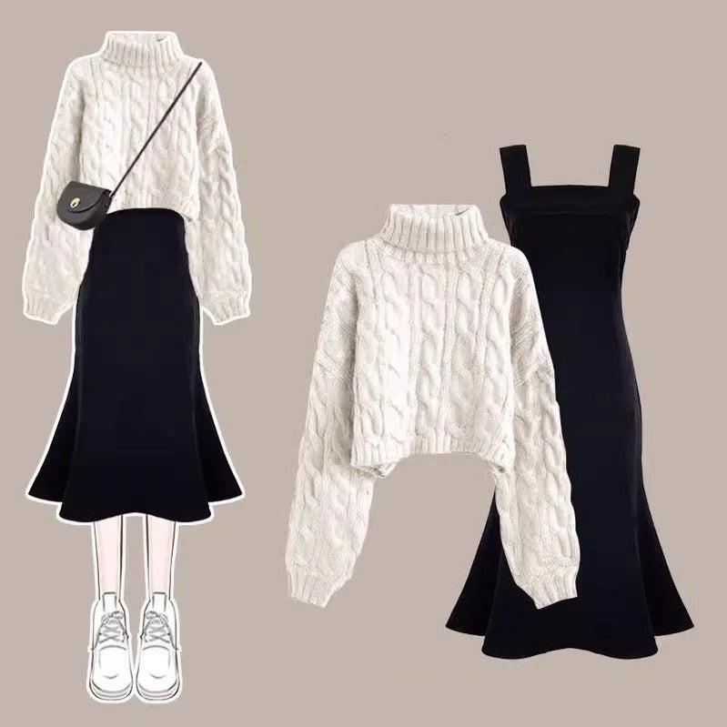 Women's Autumn Winter Loose High Neck Knitted Sweater Suspender Dress Two-piece Korean Elegant Pullover Strap Skirt Matching Set Set 04