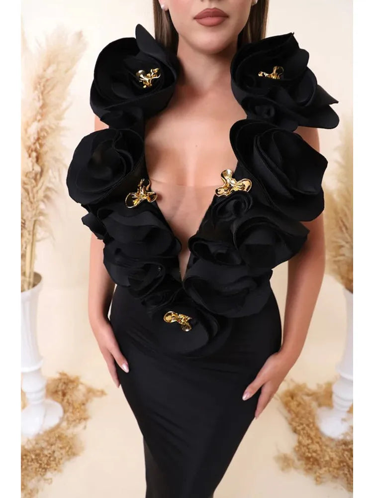 Vestido longo, sexy, com decote em V profundo e flores, estilo celebridade, preto, longo, bandagem justa, elegante, para festa noturna, 2025