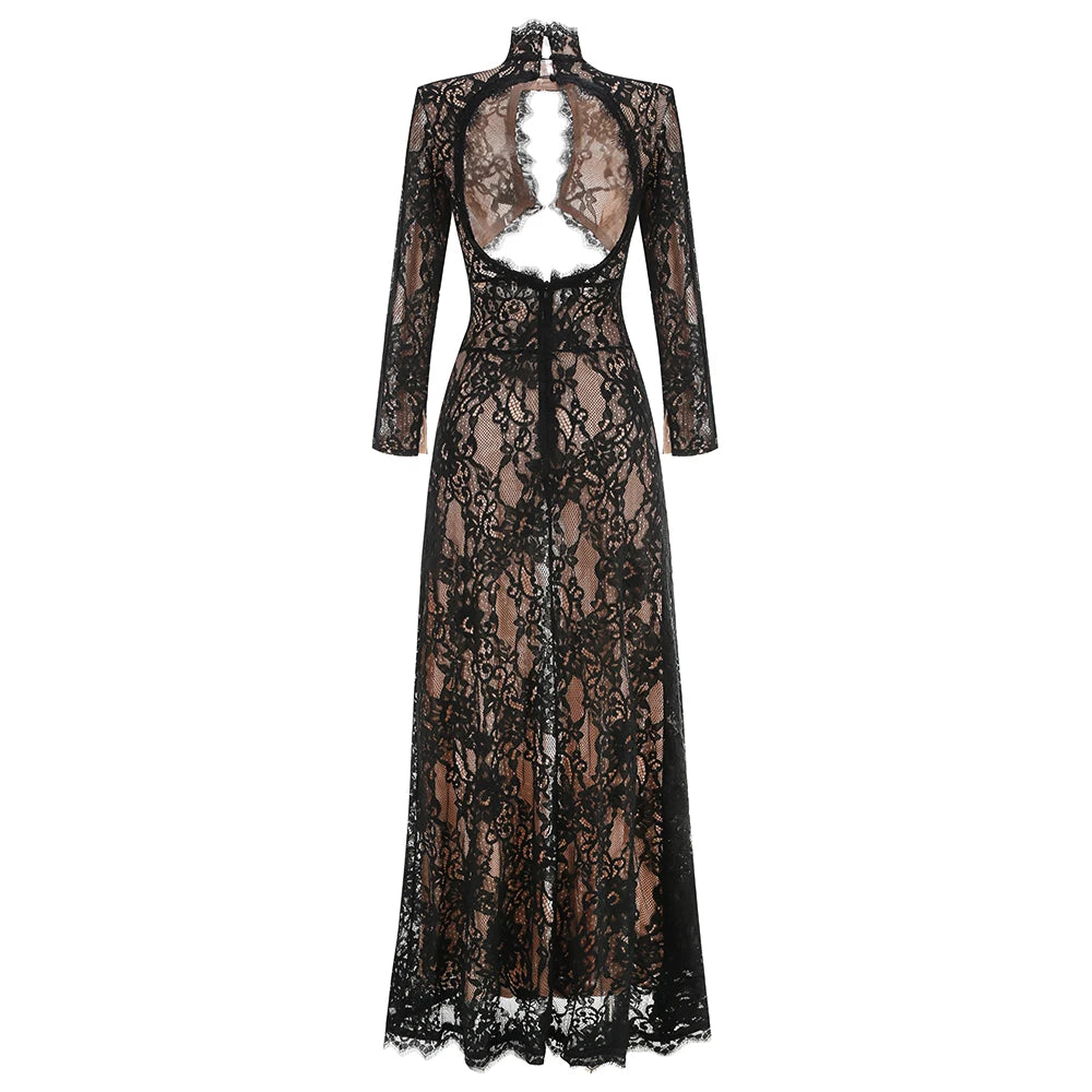 High Quality Women Long Sleeve Sexy Lace Fashion Keyhole Bodycon Long Maxi Dress Celebrate Nightclub Party Birthday Outfit