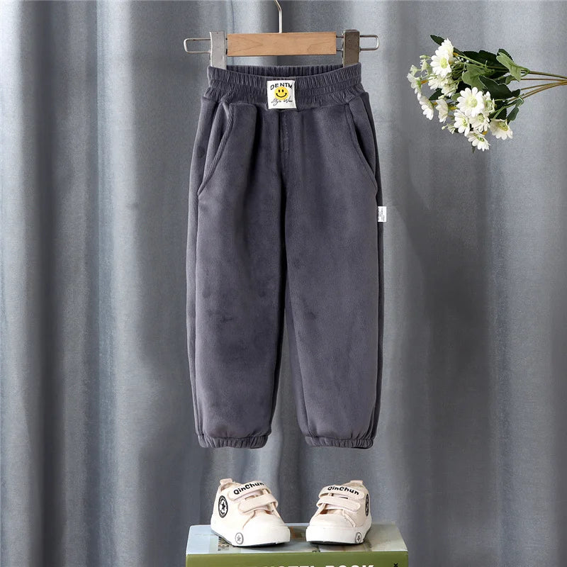 Winter Boys Thick Pants Kids Plus Velvet Warm Trousers Children Padded Cotton Long Pants Autumn Casual Sports Pants 2-12Y Grey 1